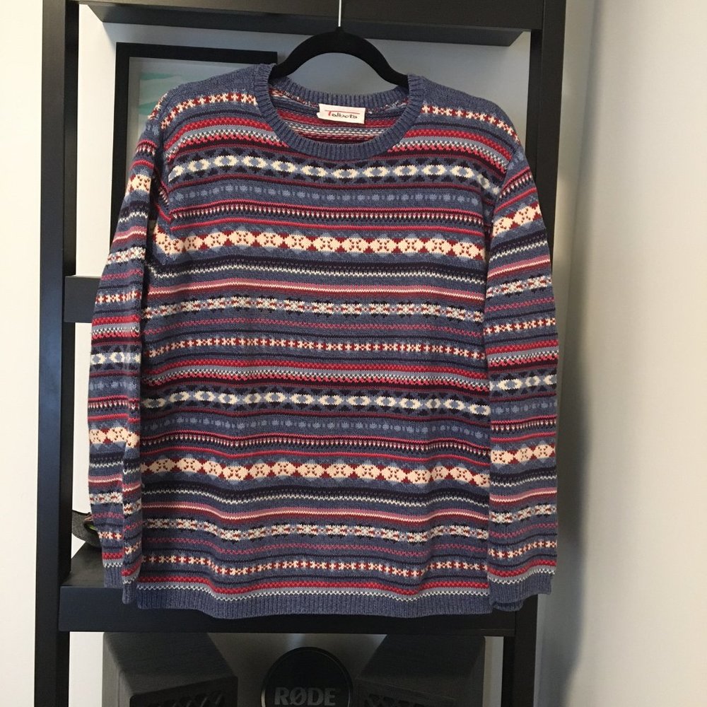 Talbots Crewneck Sweater, Cotton Blend, Blue w/Pattern, L/XL